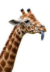 An adult giraffe in close-up profile view, showcasing its majestic head and long neck, with an expressive eye and a comically extended dark blue-grey tongue, isolated against a transparent studio