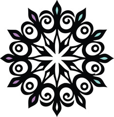 ornamental geometric mandala with floral symmetry in black and teal for decorative use


