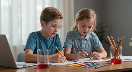 Two children studying together, drawing with colored pencils at home  