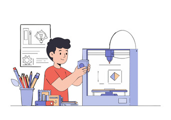 A young man designs a 3D printed object using a 3D printer. He?s smiling and engaged, showcasing creative design and technology. Modern, bright, and inviting.