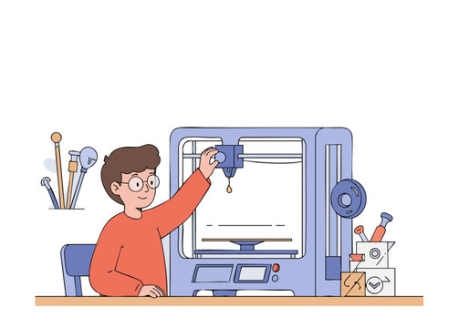 A young man enthusiastically operates a 3D printer in a maker space. He?s focused and engaged, highlighting creativity and innovation. Bright, modern workspace.