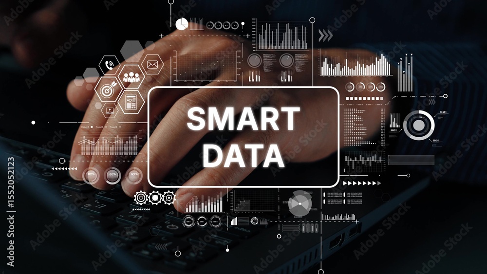 Poster hands typing on laptop with overlaid smart data graphs and charts for business analysis and technolo