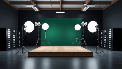 Professional photography studio with wooden platform and green screen backdrop