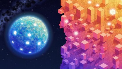 Abstract cosmic sphere and colorful geometric cubes in a starry space scene