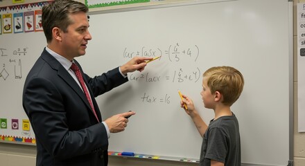 Teacher helping young boy solve math problems in classroom  