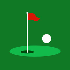 Minimalist Golf Illustration Green Course Red Flag White Ball and Hole