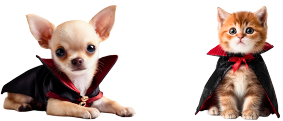 super cute and unique couple: chihuahua puppy and ginger cat dressed in vampire costume, isolated over white (transparent) backgound; original children friendly halloween party frame element