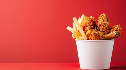 modern and minimalist food presentation featuring a white bucket of fried chicken, perfectly crisp and golden, with an enticingly crunchy exterior