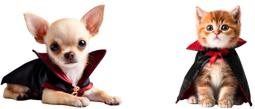 super cute and unique couple: chihuahua puppy and ginger cat dressed in vampire costume, isolated over white (transparent) backgound; original children friendly halloween party frame element
