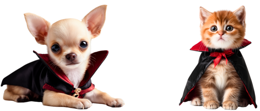 super cute and unique couple: chihuahua puppy and ginger cat dressed in vampire costume, isolated over white (transparent) backgound; original children friendly halloween party frame element