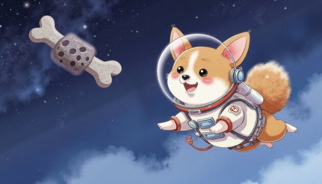 Cute corgi astronaut floating in space with bone-shaped asteroid