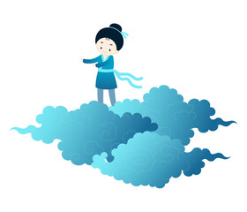 Qixi Festival, Tanabata cowherd, Hikoboshi on fluffy clouds kawaii character illustration, isolated vector. Hand drawn cute flat design. Traditional Chinese, Japanese holiday clip art element