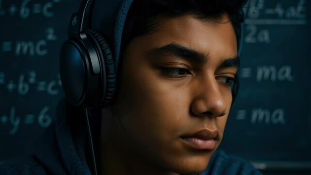 Teenage boy wearing headphones focused in front of chalkboard with physics equations and formulas in a classroom setting
