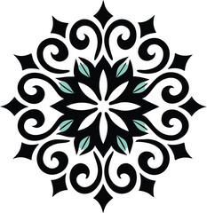 ornamental geometric mandala with floral symmetry in black and teal for decorative use

