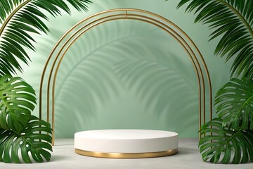 Elegant White Podium with Gold Accents Surrounded by Lush Green Monstera and Palm Leaves for Sophisticated Tropical Product Presentation