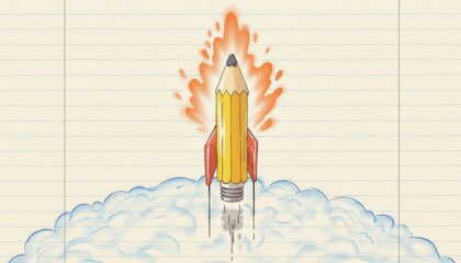 Pencil rocket launching with flames and clouds on lined paper background