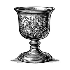 Antique cup trophy sketch engraving black and white outline. Scratch board imitation. illustrated in vintage line art style on a white background.