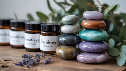 Aromatherapy essential oils with stacked healing crystals and lavender on wooden surface for spa wellness meditation holistic therapy concept