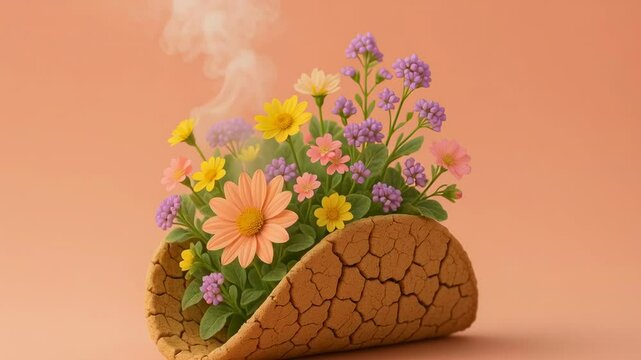 Artistic taco shell filled with colorful blooming wildflowers and steam against a warm pastel background