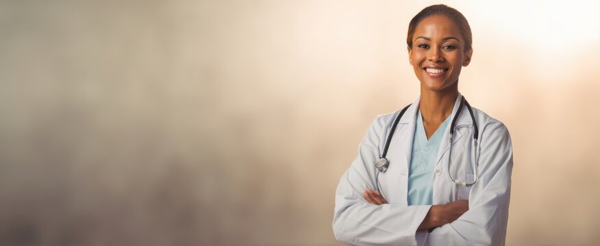 The confident doctor smiling warmly while posing in a professional setting.