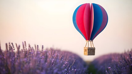 Colorful hot air balloon floating over purple lavender field at golden hour - dreamy travel adventure concept with romantic countryside landscape