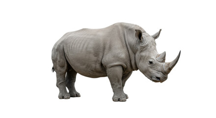 Obraz premium Majestic adult white rhinoceros with thick grey hide, two sharp horns, and broad muzzle, standing still in a stoic side profile against a pristine, infinite white studio backdrop with no shadows,