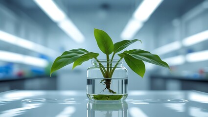 Green plant growing in a glass jar of water on a reflective surface in a laboratory