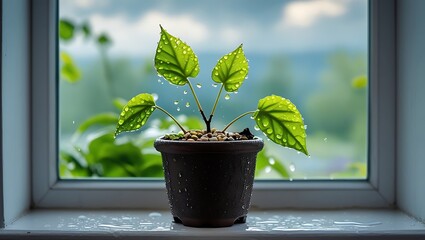 Potted plant with water droplets on leaves sitting on a wet windowsill