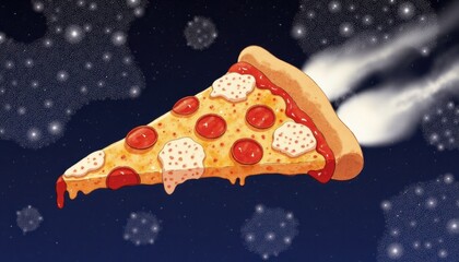 Fantasy pepperoni pizza slice rocket with cheese against starry night sky