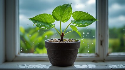 Potted plant with water droplets on leaves and falling outside a window