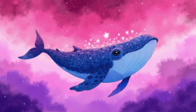 Whimsical blue whale in starry pink and purple sky fantasy art