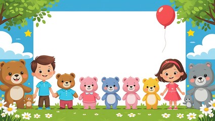 Happy cartoon children and teddy bears in a field with flowers and trees