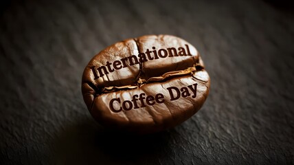 International Coffee Day engraved on single roasted coffee bean on dark wooden surface for coffee celebration and promotional campaigns