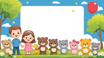 Happy children and teddy bears holding hands in a park with a balloon