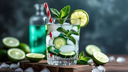 Refreshing cucumber lime mint infused water with ice and straw