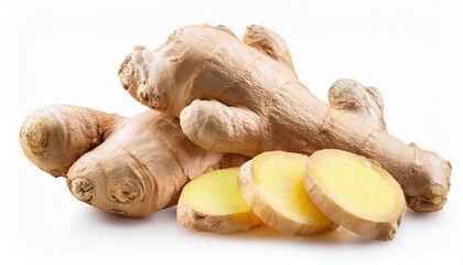 Fototapeta premium ginger root isolated one whole and cut slices of ginger root