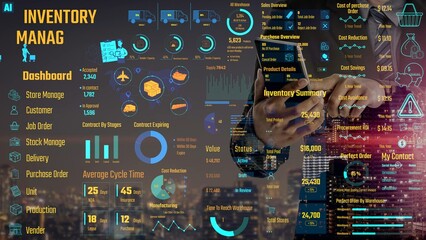 Inventory management dashboard showing supply chain performance, stock levels, order cycle times,...