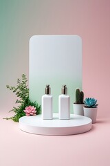 Two white cosmetic bottles displayed with plants on a pastel gradient background