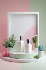 Minimalist scene with two white cosmetic bottles on a pedestal surrounded by plants