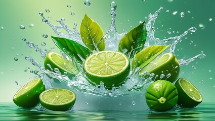 Fresh limes splashing into water with green leaves and water droplets