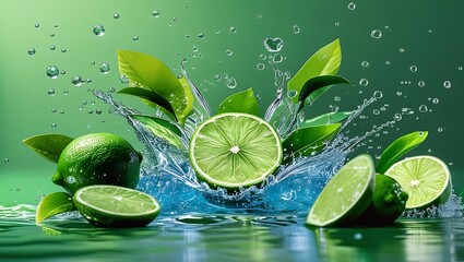 Fresh lime halves and whole limes splashing into water with green leaves