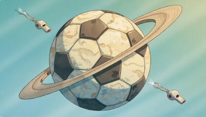 Soccer planet surrounded by rings and whistles in cosmic artwork