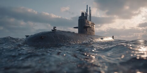 Military Naval Submarine Floating and Half-Submerged in Shallow Water