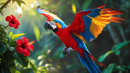 Vibrant scarlet macaw parrot flying near red hibiscus flowers in lush greenery