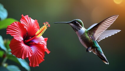 Hummingbird hovers near a vibrant red hibiscus flower in a garden
