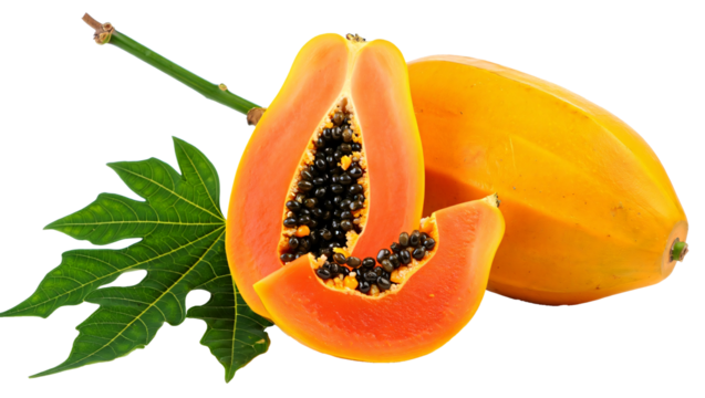 Tropical Papaya Still Life Featuring Sliced Fruit, Whole Papaya, and Leafy Stem on Transparent Backdrop for Culinary and Nutritional Projects