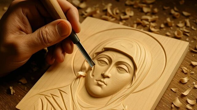 Hand carving religious icon on wooden panel, artisan creating intricate details with chisel among wood shavings on workshop table