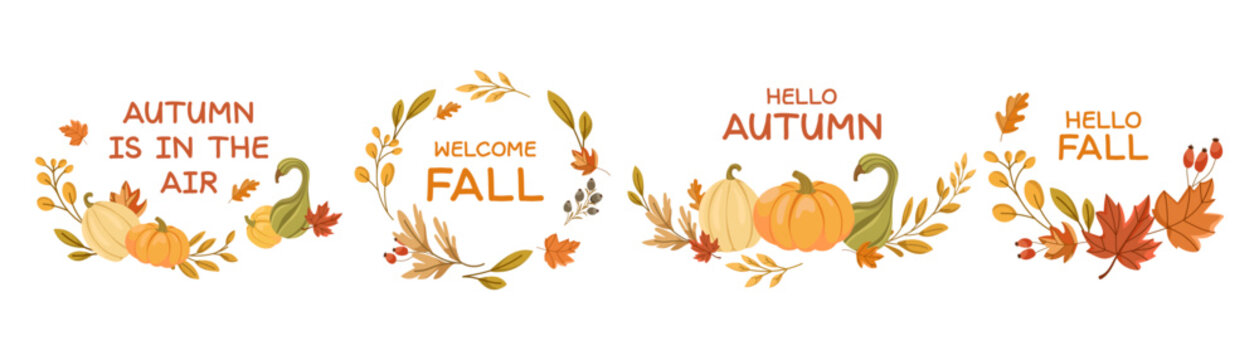 Autumn wreaths and labels with pumpkins, colorful fall leaves, berries, and seasonal quotes .Vector Elements for greeting cards, stickers, invitations, seasonal marketing, and fall themed decorations