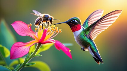 Hummingbird and bee gather nectar from a vibrant pink flower at sunrise