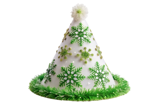 White conical party hat with green snowflake decorations and fluffy pompom on top isolated on a transparent background